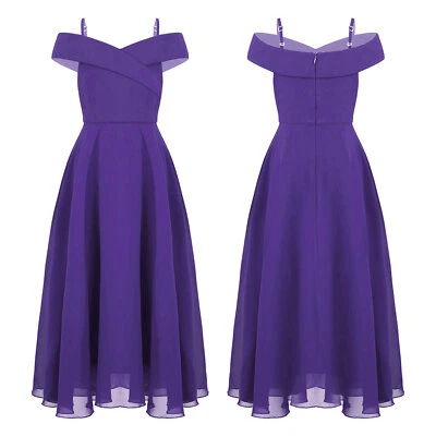 Kids Girls Gown Graduation Dress Prom Chiffon A-Line Outfit Cold Shoulder Event - Image 1 of 4