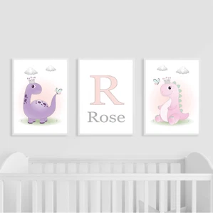 Dinosaur Nursery Prints Set of 3, Pink Purple, Personalised, Girl, Room Decor - Picture 1 of 4