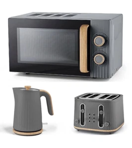 Graues Holz strukturierter Scandi Mikrowellen-Wasserkocher und 4-Scheiben-Toaster-Set - Bild 1 von 9