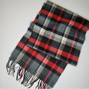 Scarf 100% Cashmere 12x70 NWT Plaid Hand Tailored in Germany Black Red Gray Tan
