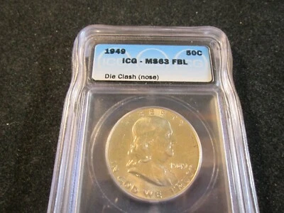 1949 FRANKLIN HALF DOLLAR  DIE CLASH NOSE "BUGS BUNNY"  ICG MS63 FBL   0701 - Image 1 of 4