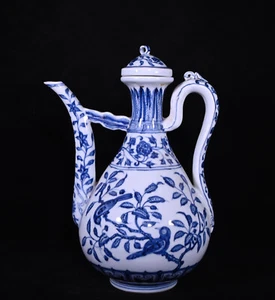 Sammlerstück chinesische Handmalerei blau & weiß Porzellan Blumen Vogel Teekanne - Bild 1 von 9