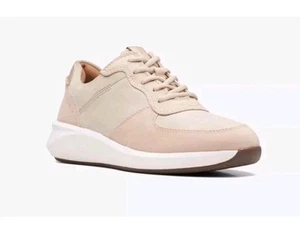 Clarks Un Rio Sprint Ladies Light Sand Combi Nubuck Leather Trainers UK Sz 5 D - Picture 1 of 7