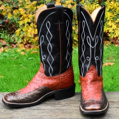 Botas de caubói masculinas 10.5D OLATHE ponta asa avestruz píton pele de cobra EUA - Imagem 1 de 4