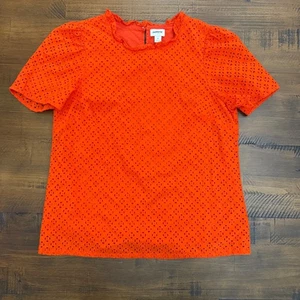 J.Crew Eyelet Top Womens Small Red-Orange Short Sleeve Ruffle Neck Blouse Small - Picture 1 of 3