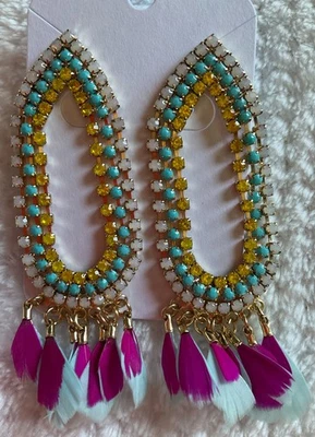 Express Vibrant Color Geo Earrings in Gold, Pink, Yellow, Blue Stones & Feathers - Image 1 of 4