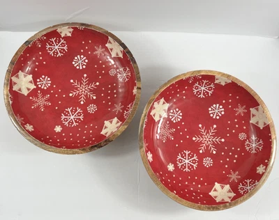 Juego de 2 cuencos para servir vacaciones de 12" madera esmaltada impresión de copo de nieve rojo Navidad Foto 1 de 4