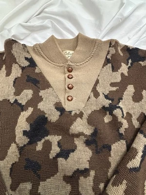 VTG 90s Cabelas Men's L Henley Wool Blend Camo Sweater Pullover Wood Like Button - Image 1 of 4