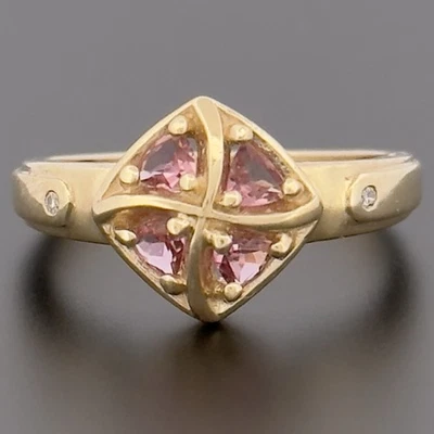Кластерное кольцо из желтого золота 9 карат с розовым турмалином размер N с клеймом - Изображение 1 из 4