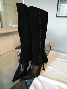 New W/O Box Le Silla Black Suede & Leather Knee High Side Lace Boots Sz 36, 5.5 - Picture 1 of 6