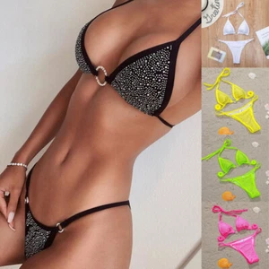 Women Rhinestone Swimsuit Crystal Diamond Ring Bikini Bandage Female Swimwear - Picture 1 of 32