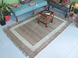 Beige Jute Rug And White Border With Beige Jute Fringes Rectangle Dhurrie Rug - Picture 1 of 9