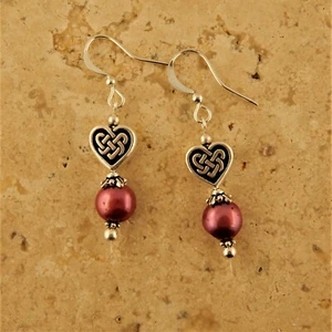 Silver Celtic Knot Heart earrings with pink freshwater pearls, Irish - Picture 1 of 4