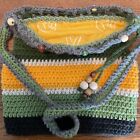 Crochet Purse Beads Gray Green White Yellow Peace Hands Reversible Flannel Liner