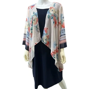 Catherines Women's 2X Plus Size Navy Dress with Attached Floral Kimono NEW - Picture 1 of 7