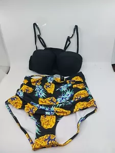 XL 2-Piece Swim Suit - Ruched Pineapple Patterned Bottoms and Push-Up Black Top - Picture 1 of 1