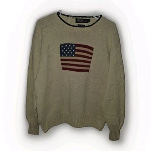 Polo Ralph Lauren Sz Medium Cream USA Flag Sweater Vintage Americana Y2K 90's - Picture 1 of 6