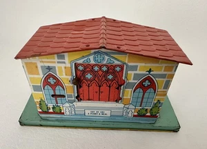 Vintage J. CHEIN TIN LITHO MECHANICAL Penny-a-Meal CHURCH BANK w orig plug - Picture 1 of 7