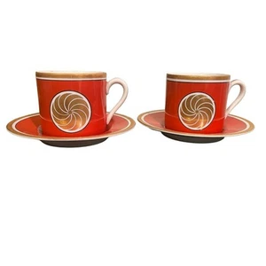 S/2 Fitz & Floyd Medallion D'Or Espresso Cup/Saucer Sets- Orange w/ Gold Sun/Rim - Picture 1 of 8