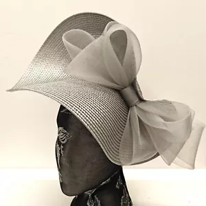 silver grey large straw fascinator millinery burlesque headband wedding hat bow - Picture 1 of 3