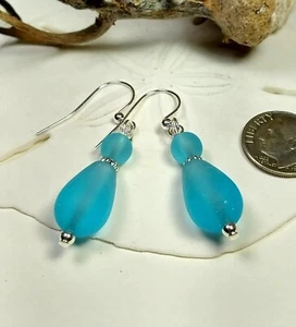 BLUE Cultured sea glass teardrops Handmade earrings w  accent beads - Picture 1 of 3