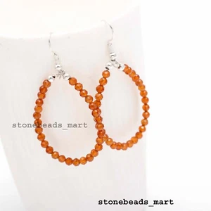 Hessonite Genuine Top 3.5MM Round Faceted Gemstone Hoop Earrings 2.15" - Picture 1 of 9