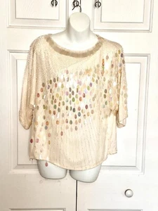 Vtg Oleg Cassini Silk Blouse Top Woman Medium Sequin And Beaded Short Sleeve - Picture 1 of 7
