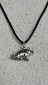 Pig Figurine 925 Sterling Silver Lucky Pendant Necklace Cord Italy 14.3gr #5 - Picture 1 of 13