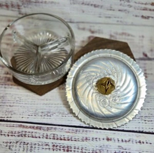 VTG Glass Candy Divided condiment Dish W/ aluminum lid floral engraved - Picture 1 of 14