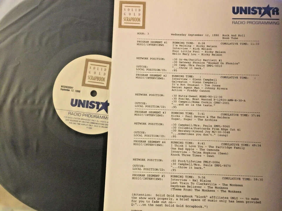 RADIO SHOW 9/12/90 TV STARS: RICKY NELSON & MONKEES SETS, PARTRIDGE FAMILY, DAWN - Image 1 of 1