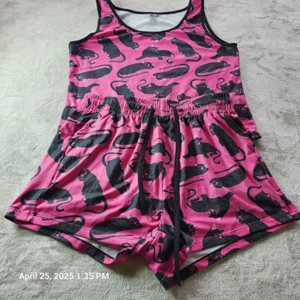 Pop Fit Cheek Boss Women's Size Large Cats Pajama Set Pink & Black Tank Shorts - Picture 1 of 13