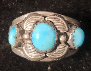 Vintage Navajo Sterling Silver Leaf Turquoise Stones Men's Ring Size 8 - Picture 1 of 4