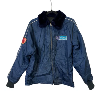 Chaqueta de bombardero de colección para hombre años 70 azul bandera americana parche Ford cremallera imitación piel cuello coche Foto 1 de 4