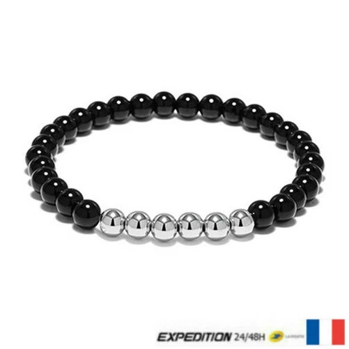 Bracelet Bijoux Johnny Hallyday - Perles Onyx - Gris Noir - 6mm - Photo 1/1