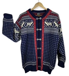 Vtg DALE OF NORWAY Sz. Lrg Nordic Reindeer Pattern Heavy Wool Cardigan  Sweater  - Picture 1 of 11