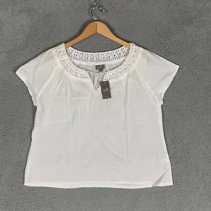 J.Jill Blouse Top Petite LP White Tie Neck Crochet Trim Cap Sleeve Boho NWT $69 - Picture 1 of 11