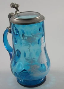 Böhmen Bierkrug Zinn Glas blau Emaillemalerei Mädchen - Bild 1 von 1