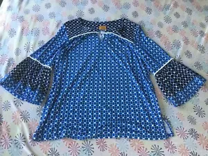 Ruby Rd. M Blue Black White Floral Blouse W/ White Balls Keyhole Neck 3/4 Sleeve - Picture 1 of 8