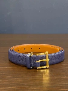 Lauren Ralph Lauren Womens Blue Grain Leather Belt Size XL Gold Hardware 5 Hole - Picture 1 of 10