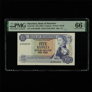 1967 Mauritius Bank OF Mauritius 5 Rupees Pick#30c  PMG 66 EPQ UNC - Picture 1 of 4