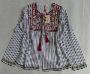 Anthropologie RAGA Size S Embroidered Striped Cotton Tassel Tie BOHO Jacket Top - Picture 1 of 13