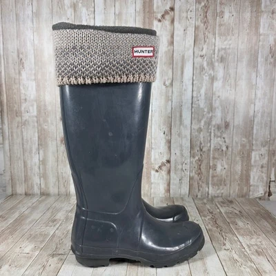 Hunter Original Brillo Botas de Lluvia Altas Gris Oscuro Goma Tejido Puños Para Mujer EE. UU. 7 Foto 1 de 4