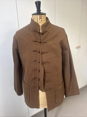 Men’s Vintage Brown Linen Frogged Button mandarin  Jacket / Coat - large - Image 1 of 4