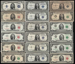 Vintage U.S. Paper Money $1,$2,$5 & $10 Dollar bills Mixed Lot of 18 BankNotes - Picture 1 of 2