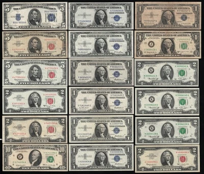 Vintage U.S. Paper Money $1,$2,$5 & $10 Dollar bills Mixed Lot of 18 BankNotes - Image 1 of 2