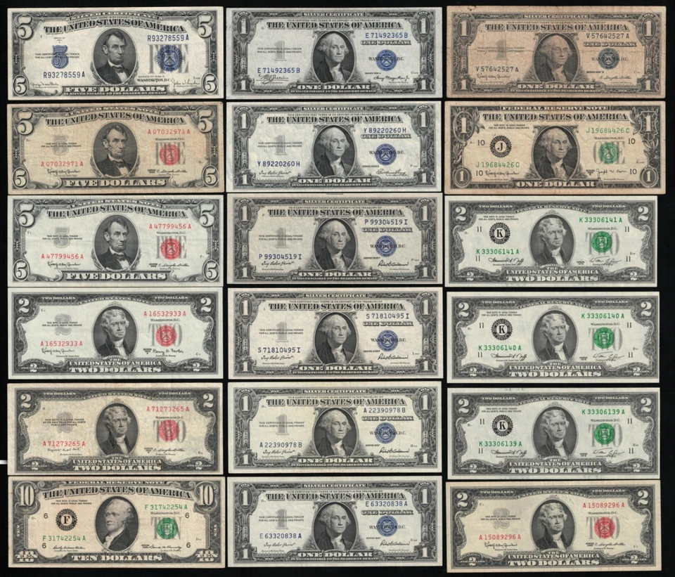 Vintage U.S. Paper Money $1,$2,$5 & $10 Dollar bills Mixed Lot of 18 BankNotes - Image 1 of 2