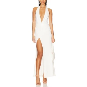 NBD White Halter Gown LARGE Marylyn Monroe Ruched Plunging Maxi Dress $288 NEW - Picture 1 of 9