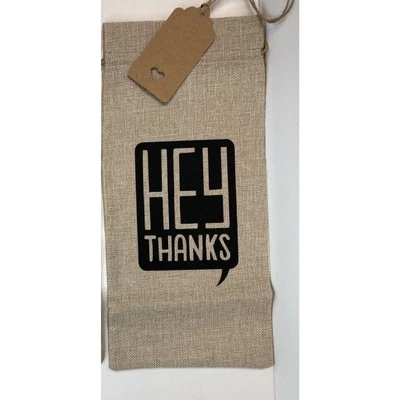 Bolsa de regalo botella de vino de arpillera Hey Thanks negro cordón regalo de anfitriona Foto 1 de 2