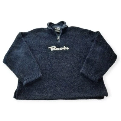 Vintage Y2K Roots Sherpa Fleece Pullover Womens 14 Blue 1/4 Zip 1998 Sweater - Image 1 of 4