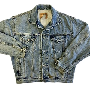 Vintage 80 90's GAP Men DISTRESSED Blue Jean TRUCKER Denim 4 Pocket Jacket USA L - Picture 1 of 9